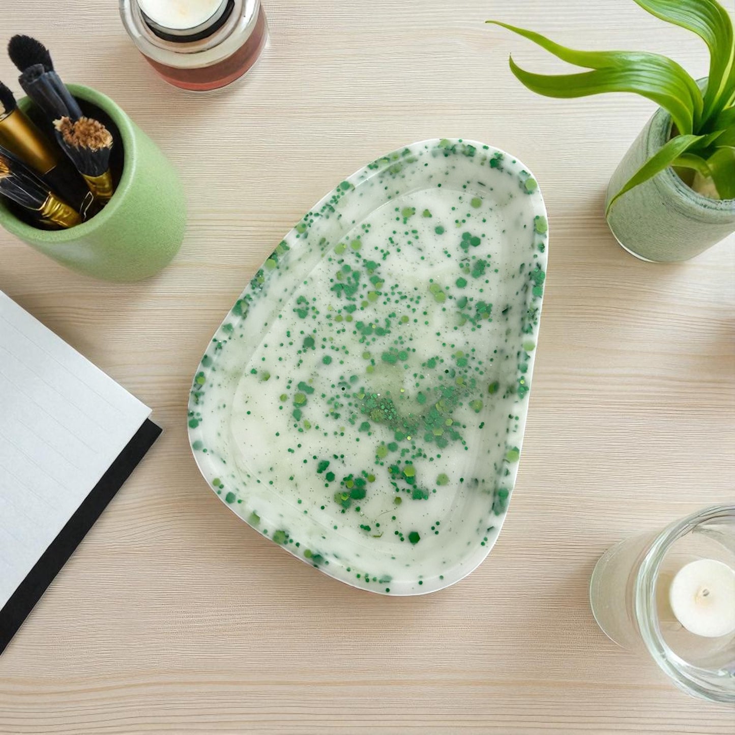 Small Trinket Tray | White & Green | Irregular | 100% Resin