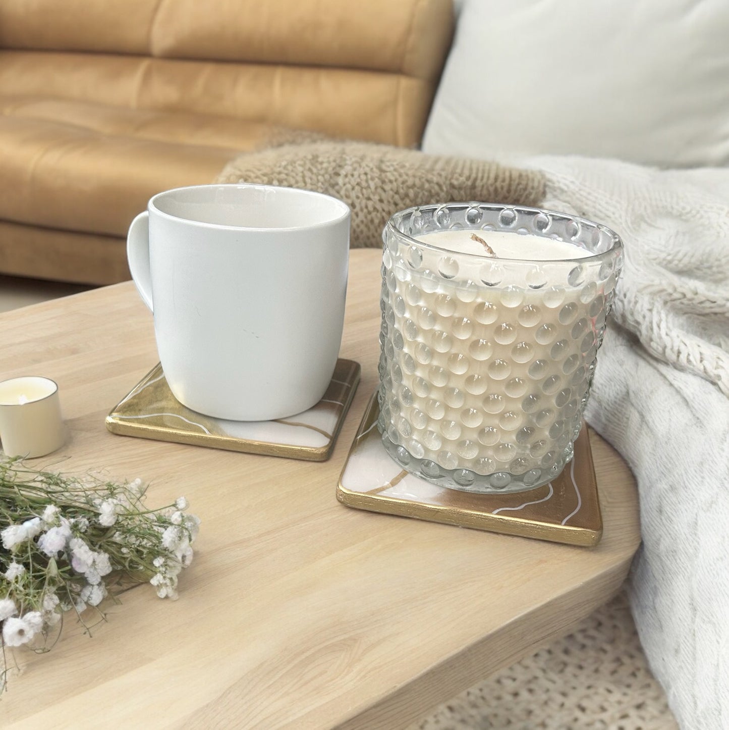 Square Coaster | Gold, Copper & White Resin | on wood | Line design