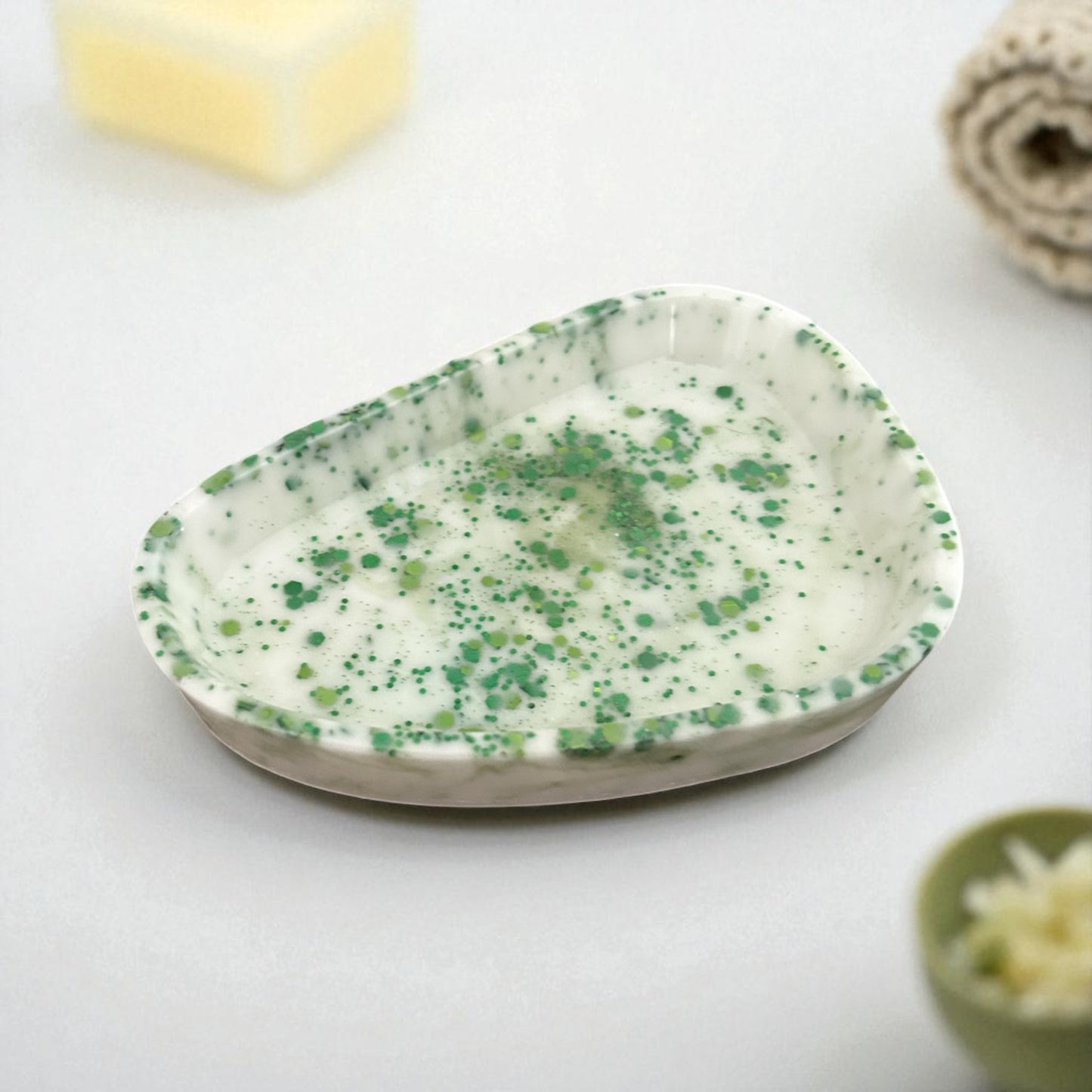 Small Trinket Tray | White & Green | Irregular | 100% Resin