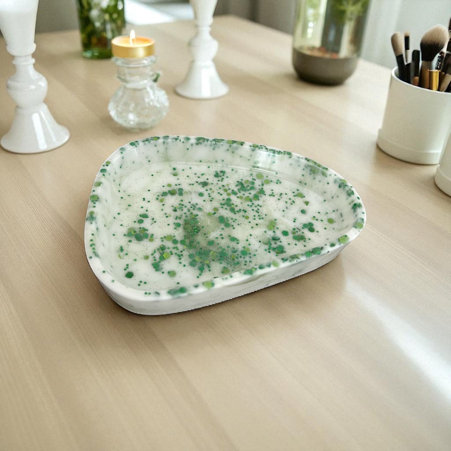 Small Trinket Tray | White & Green | Irregular | 100% Resin